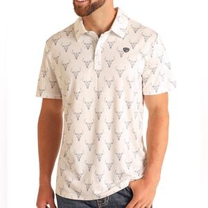 Rock & Roll Denim White Turquoise Studded Steer Longhorn Performance Polo Shirt